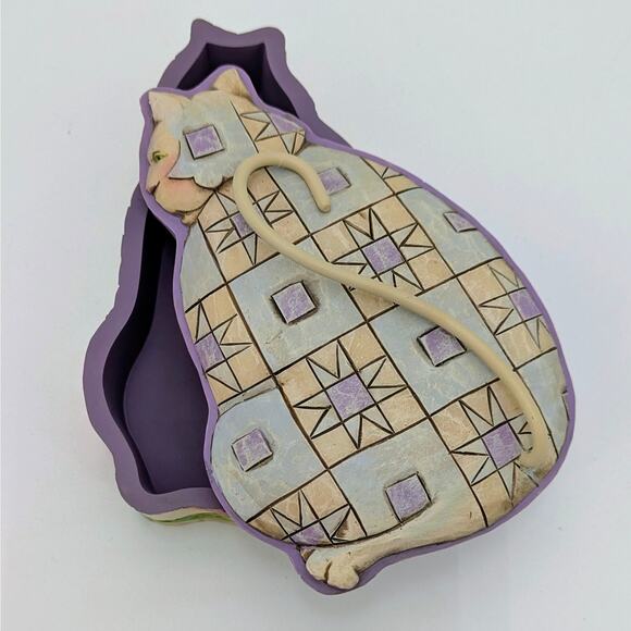 Jim Shore Cat Trinket Box Heartwood Creek Quilt Folk Art Resin Case Floral Decor - Picture 7 of 9